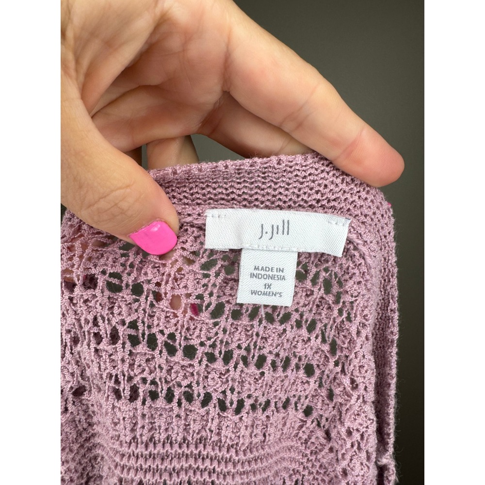J.Jill Women 1X Purple Open Knit Crochet Sweater Cotton Blend Pointelle Pullover - Picture 2 of 4